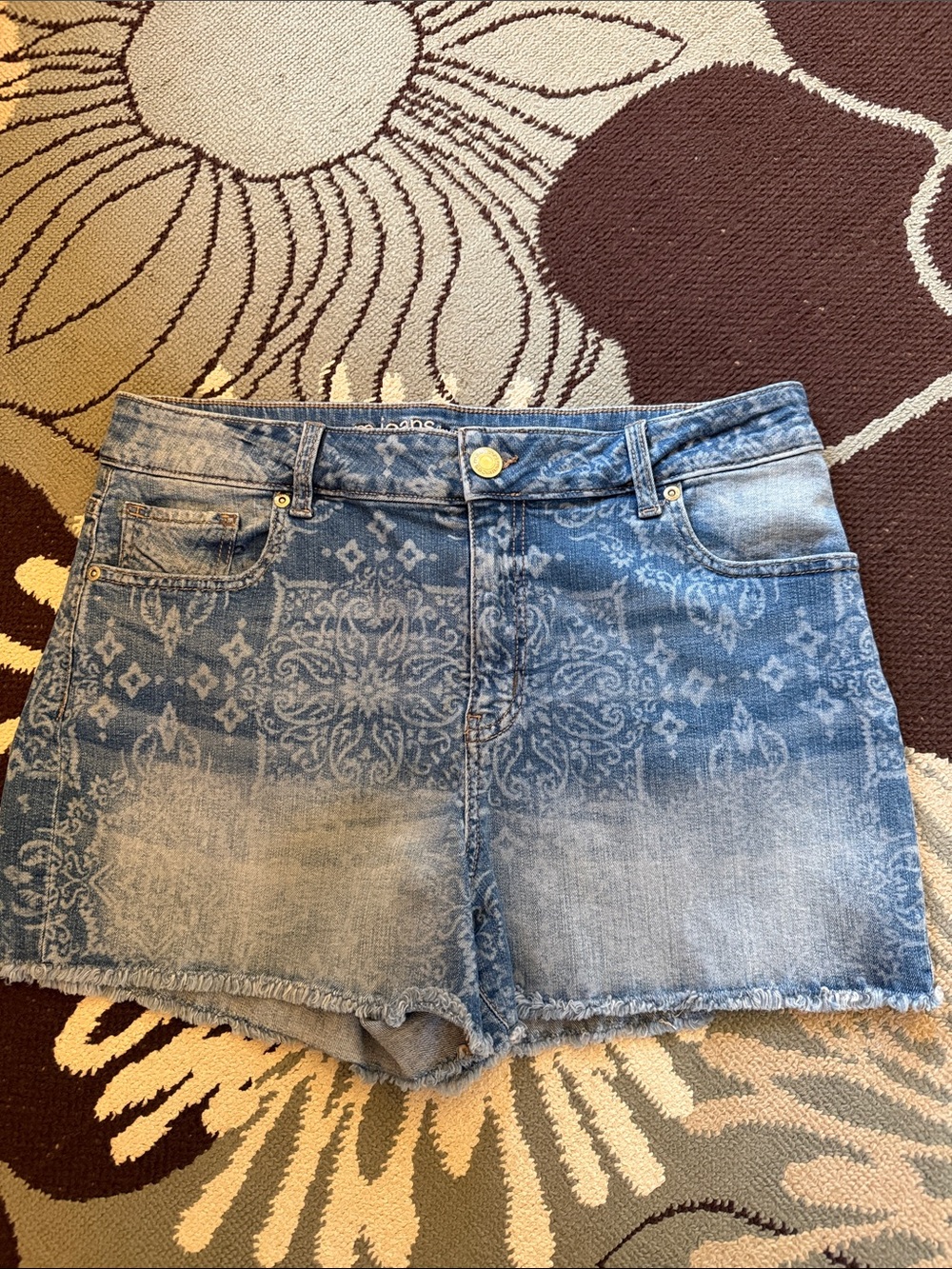 Maurices Light Blue Patterned Denim Shorts with Frayed Hem